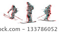 Glitch effect in sports. Dynamic poses of skiers. Athletes in action on a white background. Skiers with futuristic glitch effect. Action winter scene 133786052