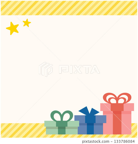 Gift box, ribbon and yellow striped background frame 133786084
