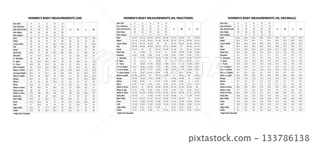 Woman measurement chart centimeters inches fractions decimals chest waist hips shoulder sleeve height S M L XL  133786138