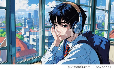 有耳機的一個男孩 133786355