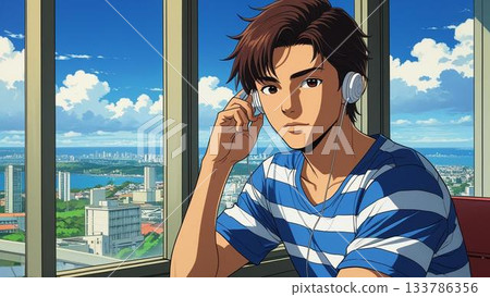 有耳機的一個男孩 133786356