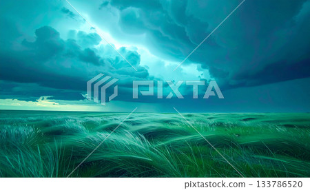 Emerald Green Grassland under a Turqouise Sky and Storm Clouds 133786520