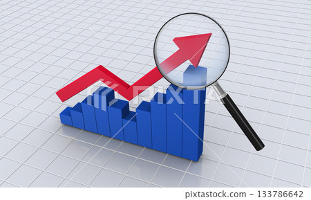 使用放大鏡查看上升的 3D 箭頭和長條圖 133786642