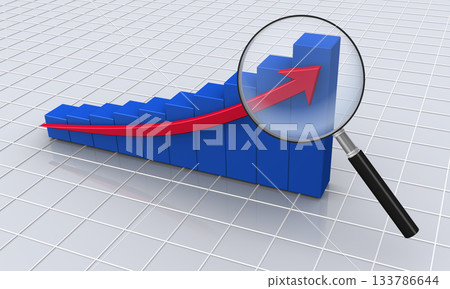3D rising arrow and bar graph viewed through a magnifying glass 3D rising arrow and bar graph viewed through a magnifying glass 133786644