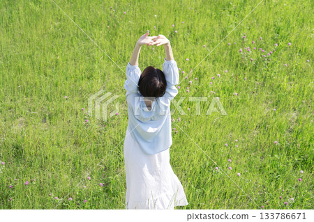 Woman stretching in a field, overhead view, back view Woman stretching in a field, overhead view, back view 133786671
