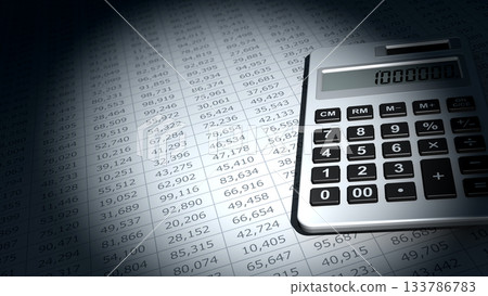 Calculator and documents with numbers illuminated by spotlight, image of office and accounting calculations Calculator and documents with numbers illuminated by spotlight, image of office and accounting calculations 133786783