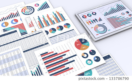 Tablet PC displaying business documents and data 133786790