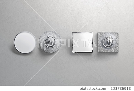 Blank white metal round and square enamel pin mockup, gray background Blank white metal round and square enamel pin mockup, gray background 133786918