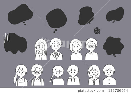 思考和憂慮的人們——一組不同年齡的男男女女以及他們困惑的對話框插圖。 133786954
