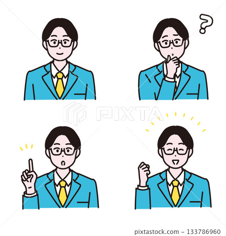 Business man illustration set: Question, pointing, cheering Business man illustration set: Question, pointing, cheering 133786960
