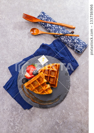 belgian waffles with fresh berries 133786966