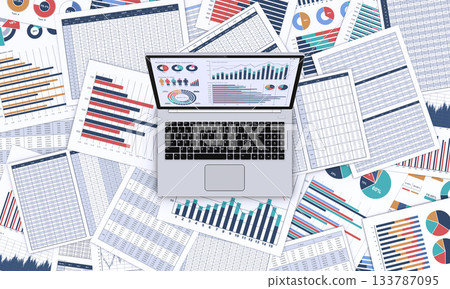 Laptop displaying business documents and data 133787095