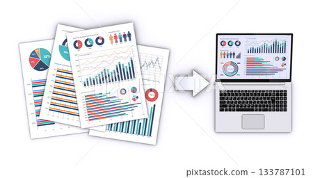 Laptop displaying business documents and data, image of digitization Laptop displaying business documents and data, image of digitization 133787101