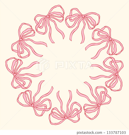 Vector illustration of a circular frame made of hand-drawn pink bows. Delicate and feminine decorative border perfect for invitations, cards, packaging, branding, and elegant design projects 133787103