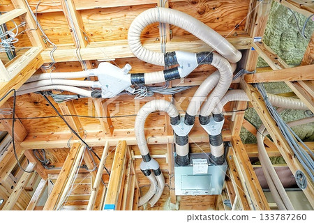 Construction of a new house with lots of wiring and air conditioning on the ceiling 133787260