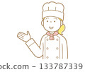 Illustration of a woman in a chef's coat and toque showing with her hand 133787339