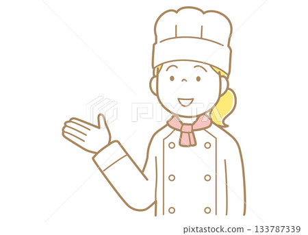 Illustration of a woman in a chef's coat and toque showing with her hand Illustration of a woman in a chef's coat and toque showing with her hand 133787339