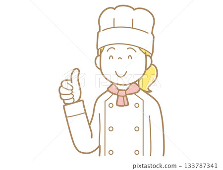 一位身穿廚師服、頭戴廚師帽的女士正在指著什麼？ 133787341