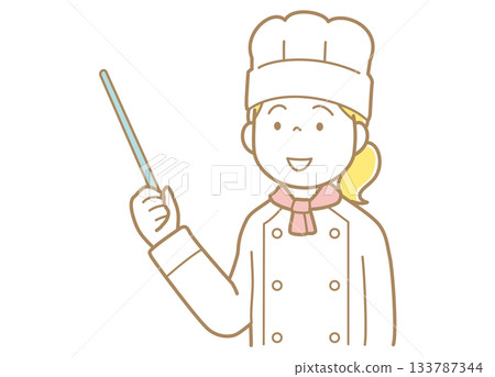 Illustration of a woman in a chef's coat and hat pointing with a pointer Illustration of a woman in a chef's coat and hat pointing with a pointer 133787344