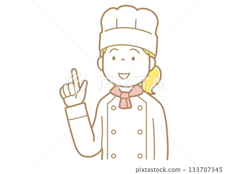 一位身穿廚師服、頭戴廚師帽的女士正在指著什麼？ 133787345