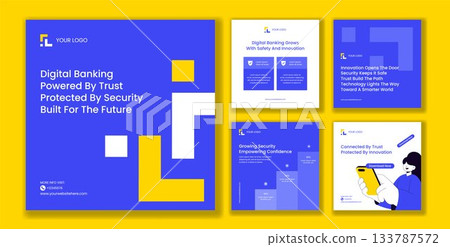 Digital Banking Security Flat Cartoon Templates for a Social Media Post Background Illustration 133787572