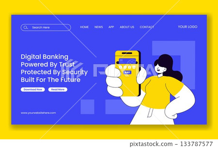 Digital Banking Security Flat Cartoon Templates for a Social Media Landing Page Illustration 133787577