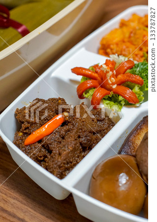 Close-Up of Indonesian Beef Rendang in Meal Box 133787827