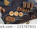 grilled pork shish kebabs on skewers 133787831