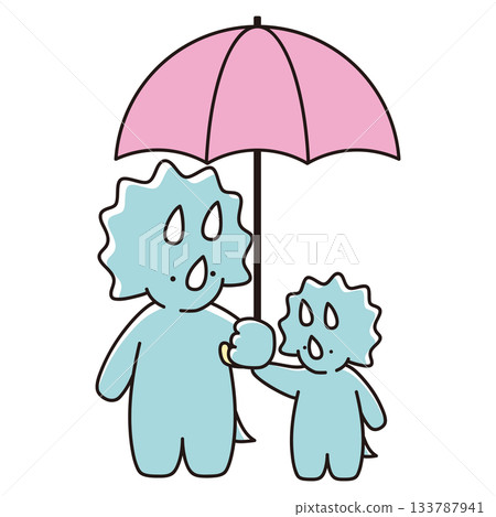 一幅插圖，描繪了一對三角龍父母撐著傘互相凝視的場景。 133787941