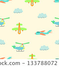 Seamless print of cute childish aviation, nursery wallpaper with doodle kid airplane helicopter transportation. Cartoon vector texture of sky air pattern illustration 133788072