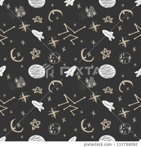 Seamless pattern space stars and planet on dark background. For printing on children's products. Seamless pattern space stars and planet on dark background. For printing on children's products. 133788092