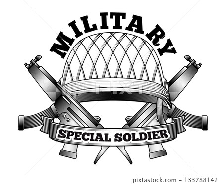 Vintage woodcut style military logo illustration soldier helmet and crossed assault rifle weapons with ribbon banner text for army special force badge war combat emblem Vintage woodcut style military logo illustration soldier helmet and crossed assault rifle weapons with ribbon banner text for army special force badge war combat emblem 133788142