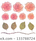 Hand-drawn rose illustration set: red roses and leaves 133788724