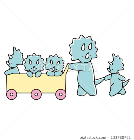 三角龍父母和孩子坐在嬰兒車裡的插圖 133788791