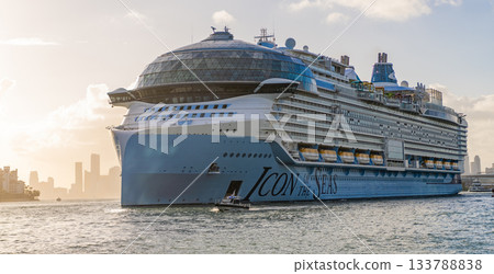 Miami, Florida, USA - November 03, 2024: Cruise ship vacation. Cruise ship in summer vacation. Cruise ship vacation and travel at sea. Luxury liner. Ship leaving Miami port. Icon of the seas 133788838