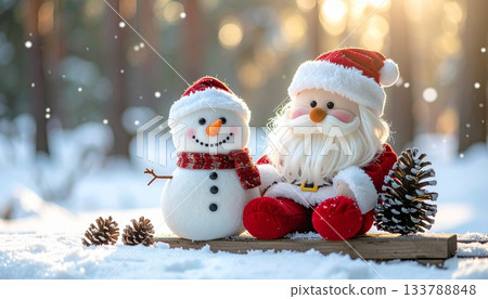 Cute Santa Claus and Snowman Plush Toys Snow Scene 133788848