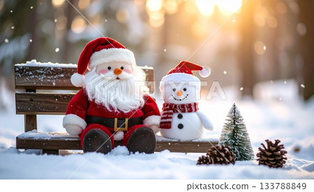 Cute Santa Claus and Snowman Plush Toys Snow Scene 133788849