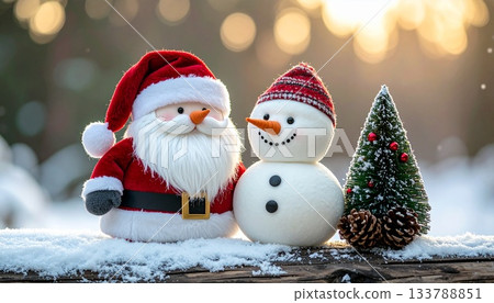 Cute Santa Claus and Snowman Plush Toys Snow Scene 133788851