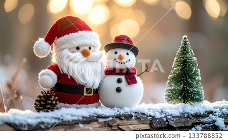 Cute Santa Claus and Snowman Plush Toys Snow Scene 133788852