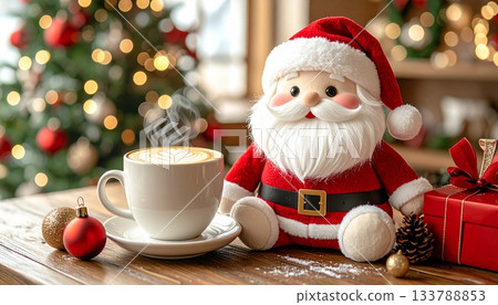 Christmas Cafe: Close-up of a coffee cup and Santa Claus 133788853