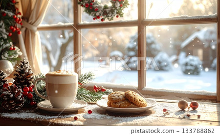 Snowy Christmas cafe with window seating, coffee and cookies 133788862