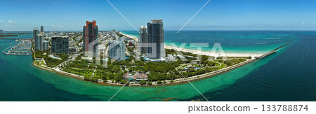 Panorama of Miami Beach. Aerial view of South Pointe Park and South Beach in Miami Beach. Miami skyline on a sunny day. 133788874