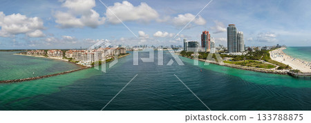 Panorama of Miami Beach skyline. Drone shot of Miami Beach cityscape. Top view of South Miami Beach and the ocean. Miami Beach skyline with skyscrapers and coastline from above. Panorama of Miami Beach skyline. Drone shot of Miami Beach cityscape. Top view of South Miami Beach and the ocean. Miami Beach skyline with skyscrapers and coastline from above. 133788875