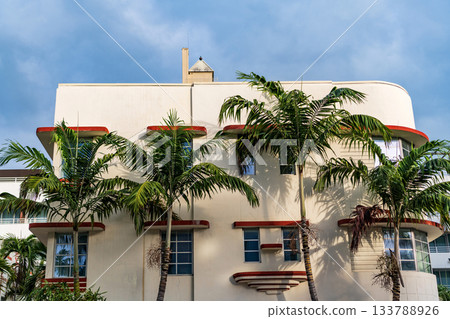 Ocean drive. Miami Beach in Ocean Drive Florida. Art Deco building architecture. Architectural building. Art deco. Architectural district Art Deco. Modern building of Miami beach surrounded by palms Ocean drive. Miami Beach in Ocean Drive Florida. Art Deco building architecture. Architectural building. Art deco. Architectural district Art Deco. Modern building of Miami beach surrounded by palms 133788926