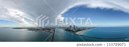 Panorama of Miami from above. South Pointe beach with skyscrapers. Miami city panorama. Oceanfront skyline of Miami Beach. 133789071