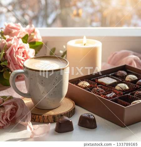 A table with coffee, Valentine's chocolates and candles A table with coffee, Valentine's chocolates and candles 133789165