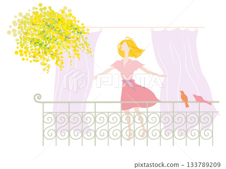 A woman enjoying the spring breeze on a balcony (color variations available) A woman enjoying the spring breeze on a balcony (color variations available) 133789209