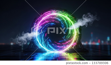 Abstract portal with swirling neon lights creates a futuristic gateway 133789306