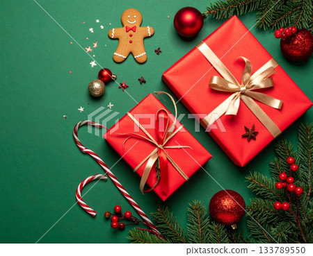 Festive holiday scene with red gifts, wrapped presents 133789550
