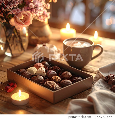 A table with coffee, Valentine's chocolates and candles 133789566